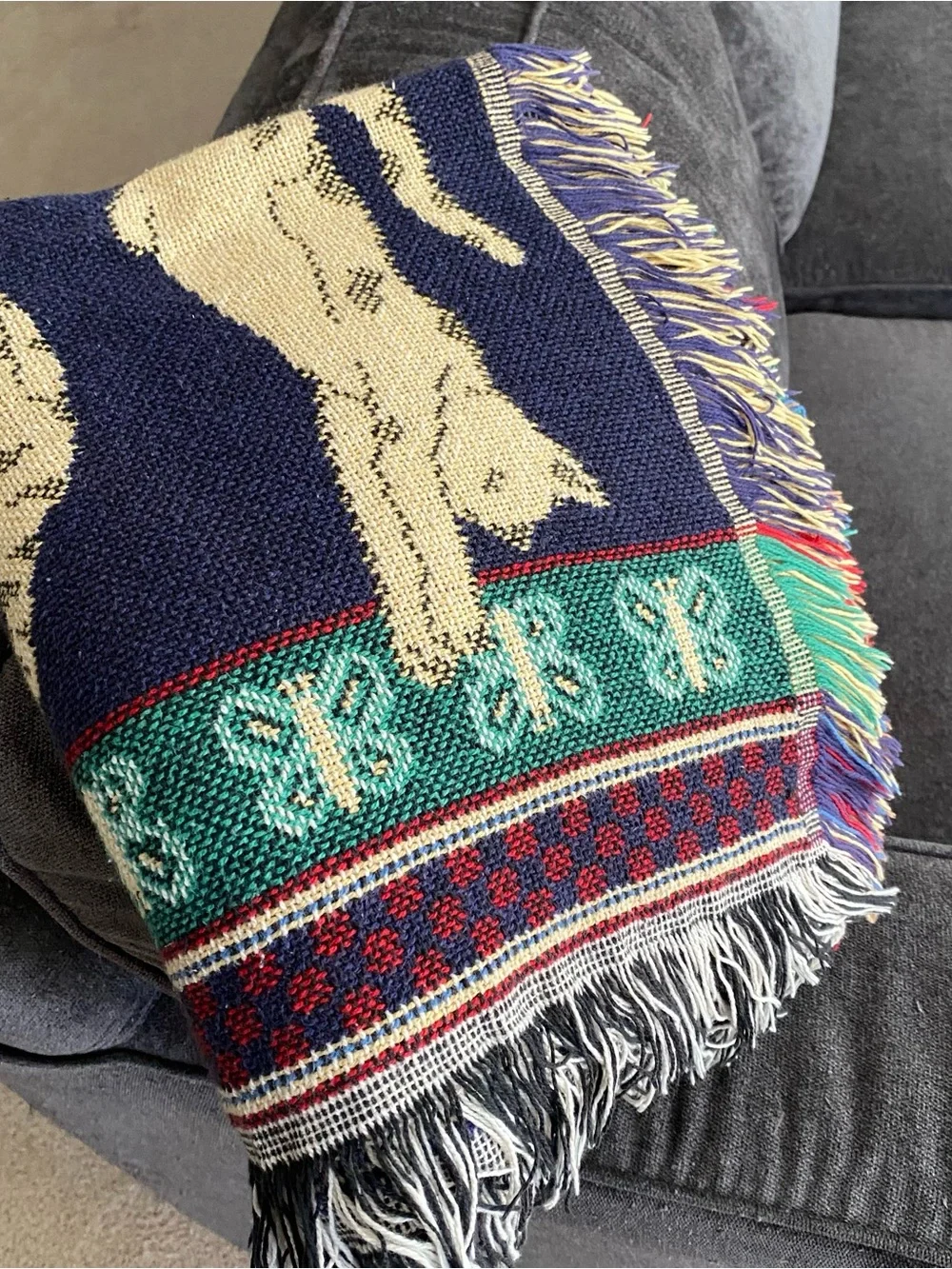 Crown Crafts Woven Cats Patterned Throw Blanket in Navy, Cream, Red & Green EUC